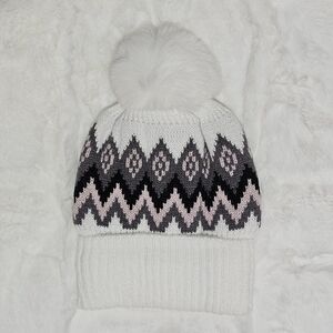 Hat Attack Hat Beanie Fair Isle Knit Faux Fur Pompom Cottagcore Outdoor Winter